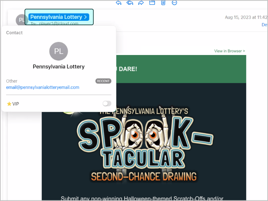 Select the Pennsylvania Lottery name at the top of the email